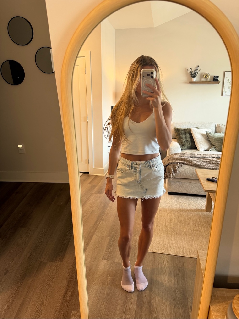 Light Wash Distressed Denim Mini Skirt